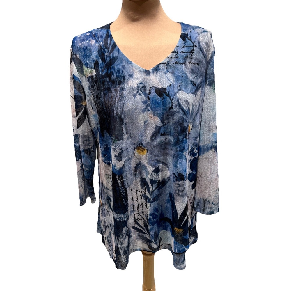 Jess & Jane Floral Mesh Tunic Top Blue Daisy Boho‎ Artsy Watercolor